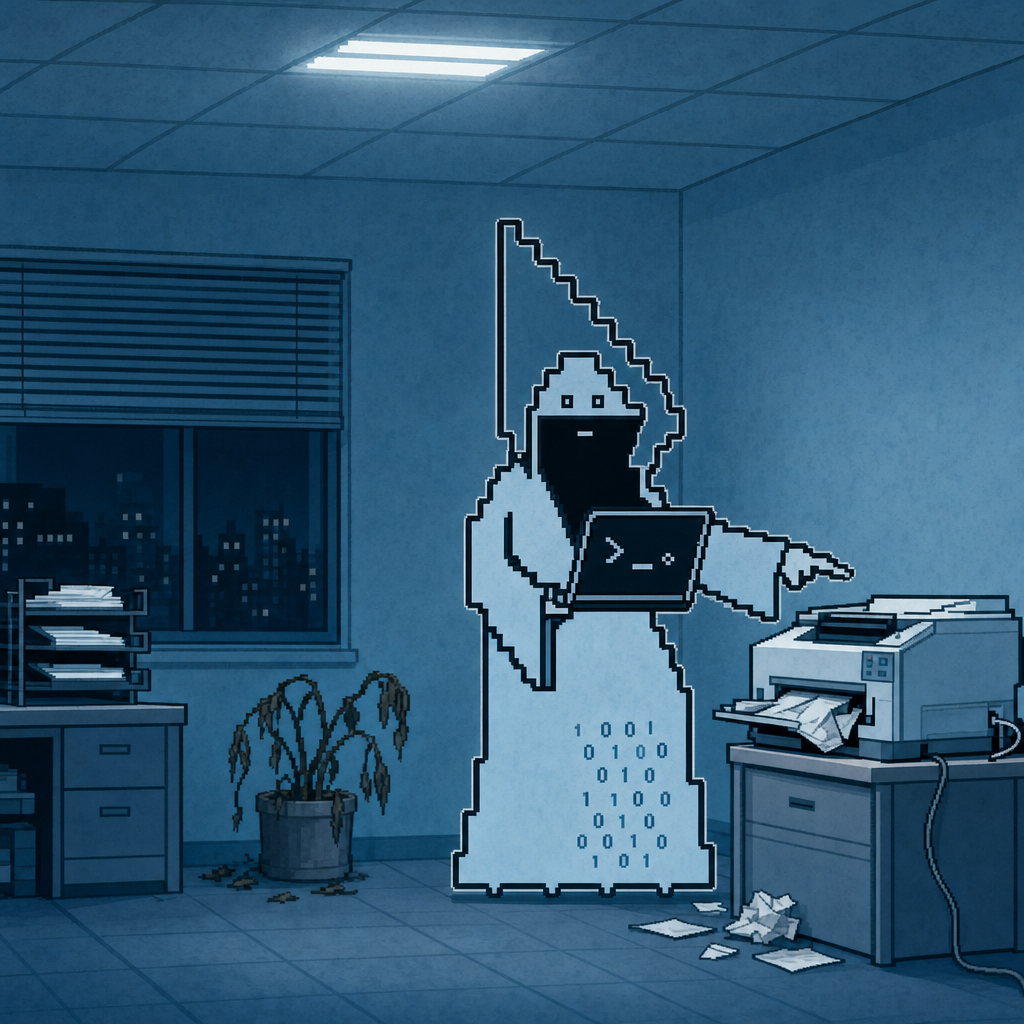 World Wide Hacker in a dark office at night, pointing at a printer spilling paper